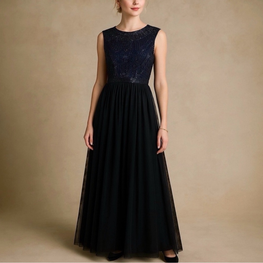 AIDAN MATTOX Beaded Sleeveless Tulle Skirt Maxi Dress Formal Gown
